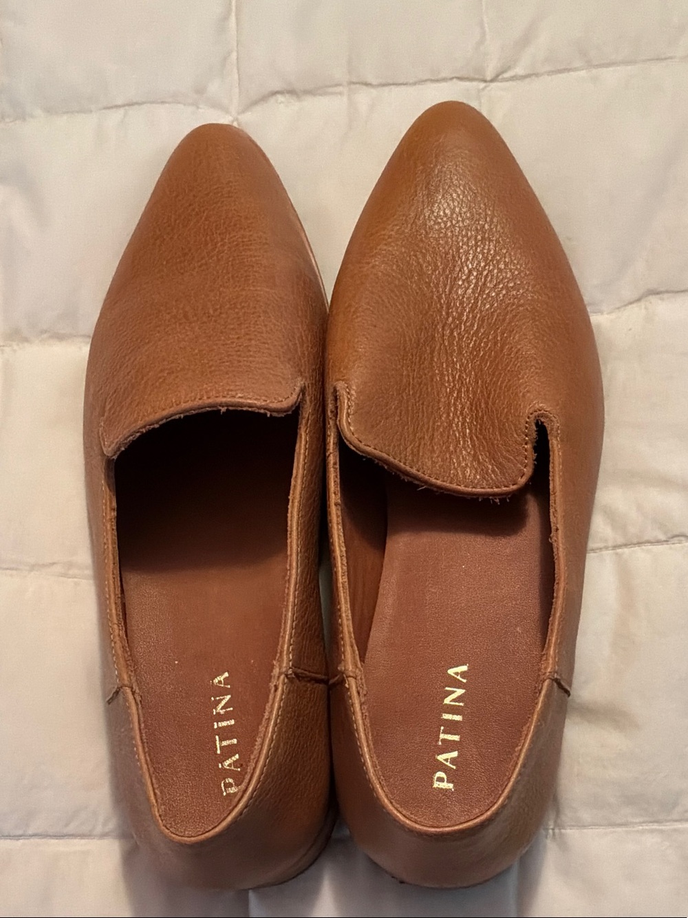 Patina Women's Tan Leather Slip-On Loafers with Pointed Toe